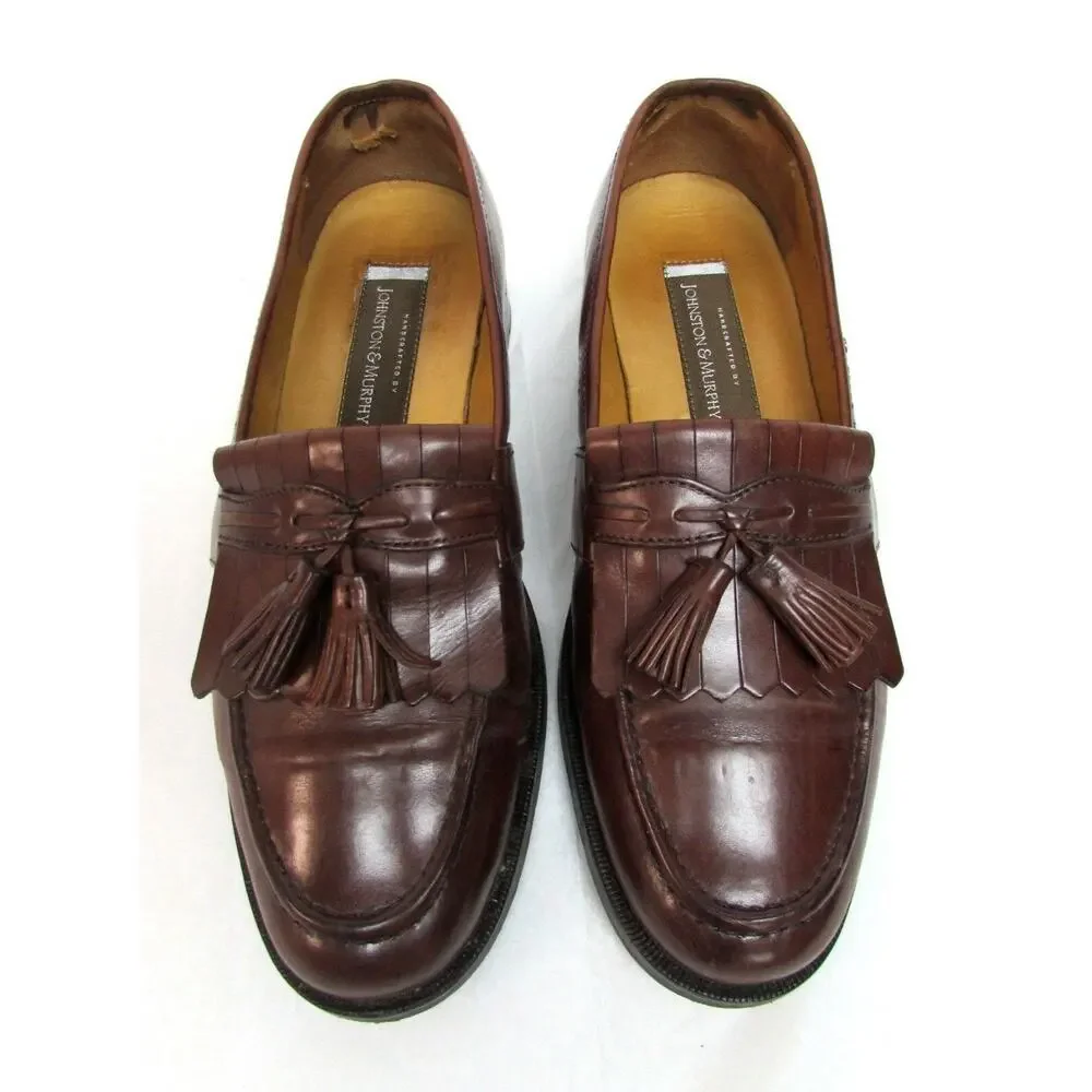 Johnston & Murphy men's size 8.5 M brown leather loafers shoes kilt tassels